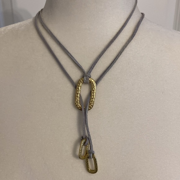 Light Blue Leather and Gold Metal Lariat Style Necklace. - Picture 3 of 6